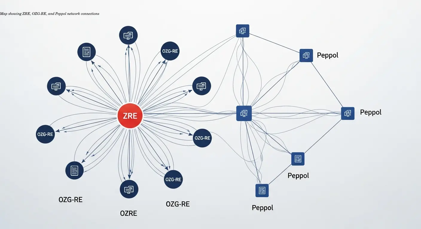Map showing ZRE, OZG-RE, and Peppol network connections