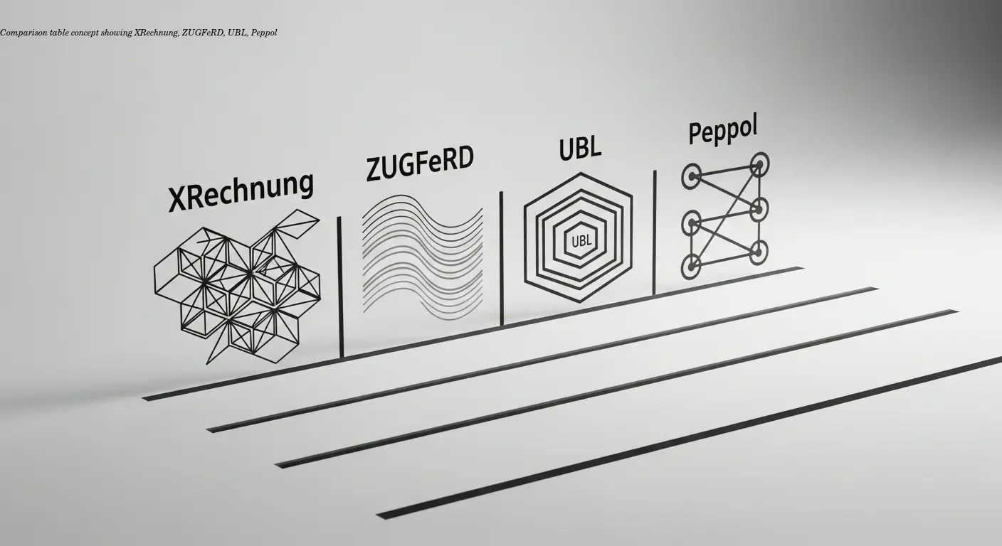 Comparison table concept showing XRechnung, ZUGFeRD, UBL, Peppol