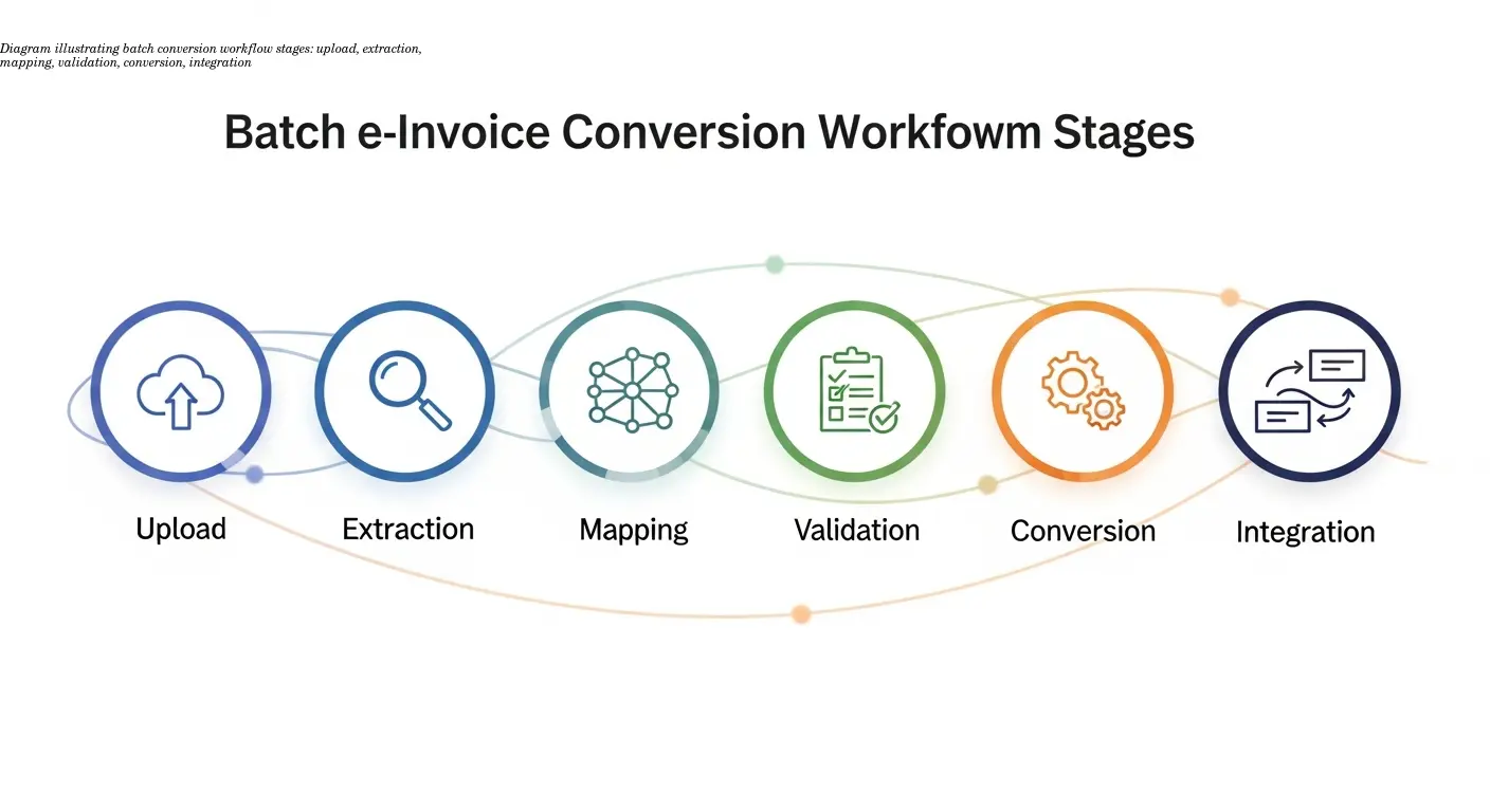 Diagram illustrating batch conversion workflow stages: upload, extraction, mapping, validation, conversion, integration