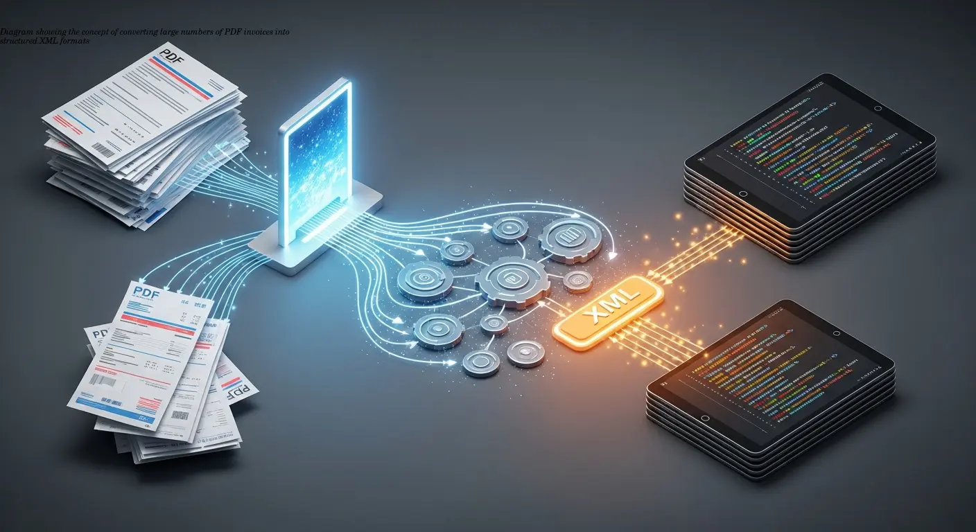 Diagram showing the concept of converting large numbers of PDF invoices into structured XML formats