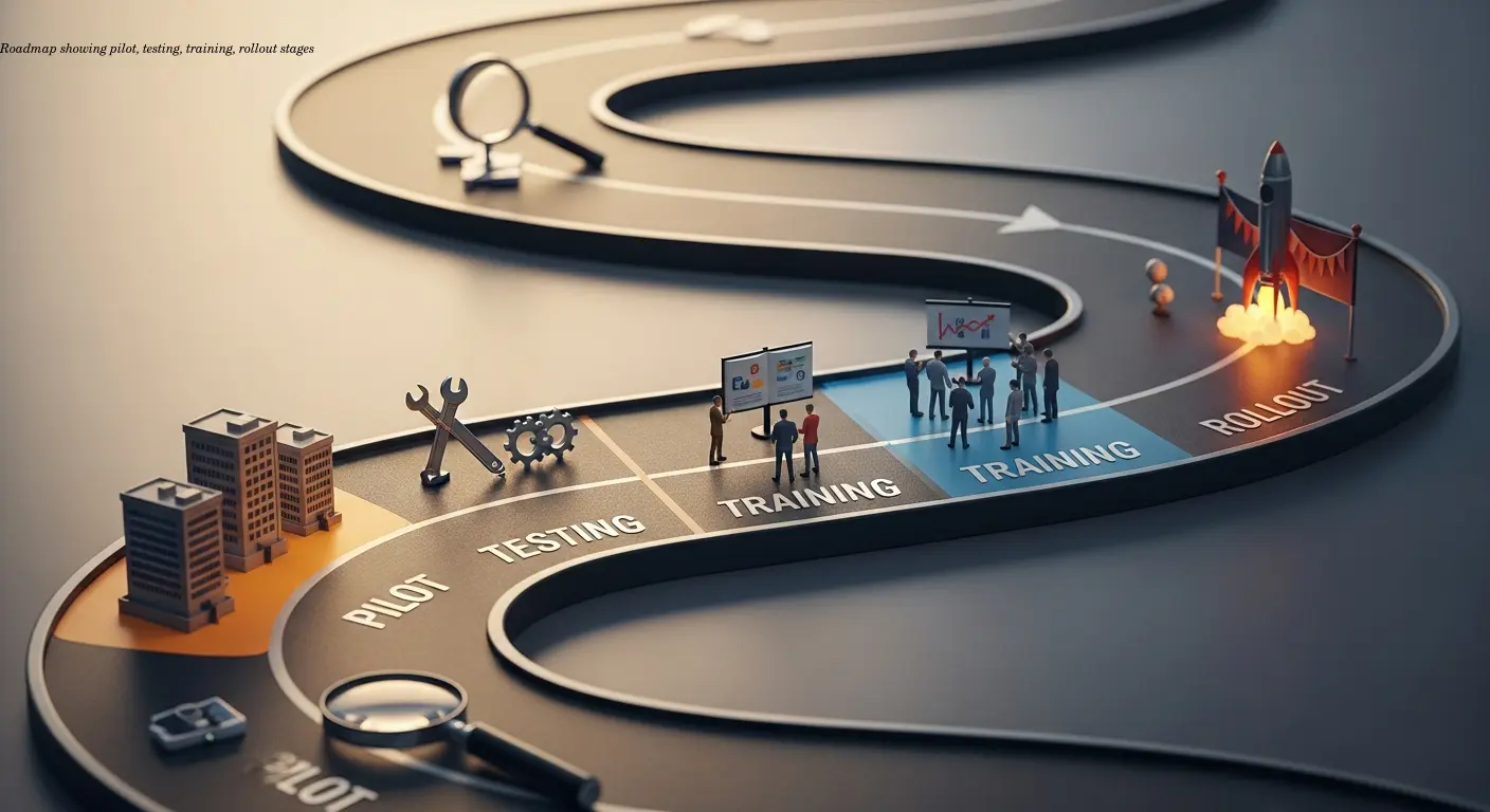 Roadmap showing pilot, testing, training, rollout stages