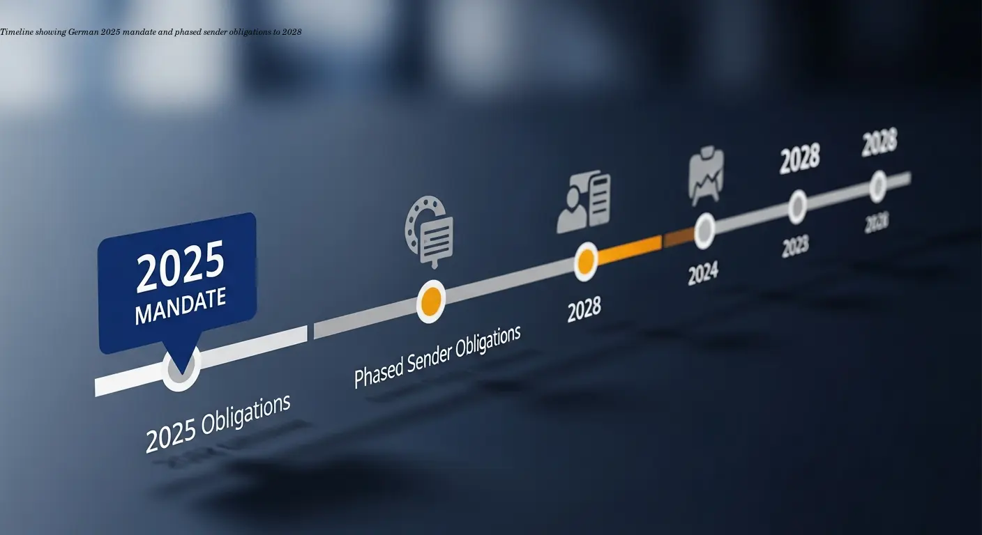 Timeline showing German 2025 mandate and phased sender obligations to 2028