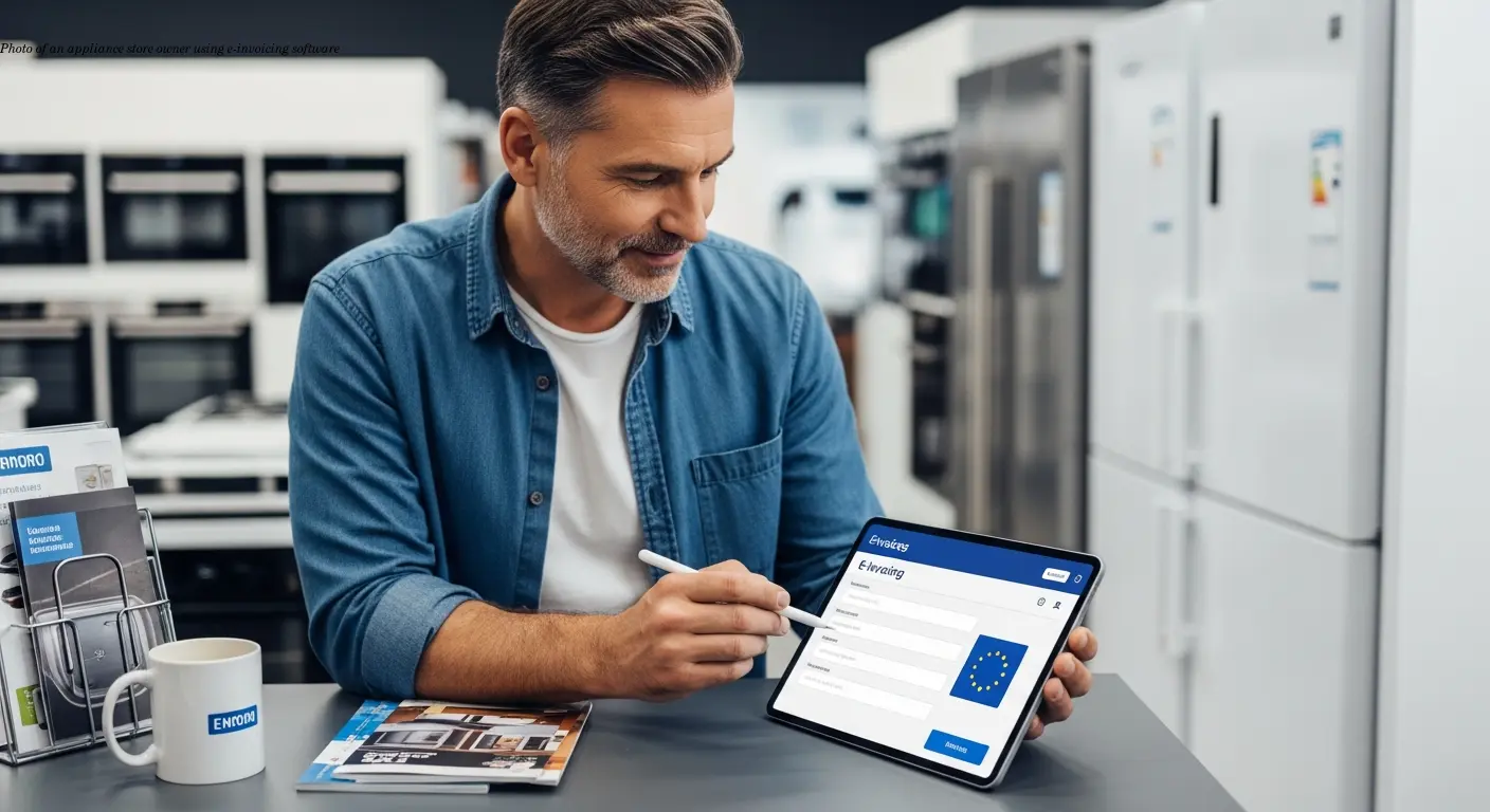 Photo of an appliance store owner using e-invoicing software