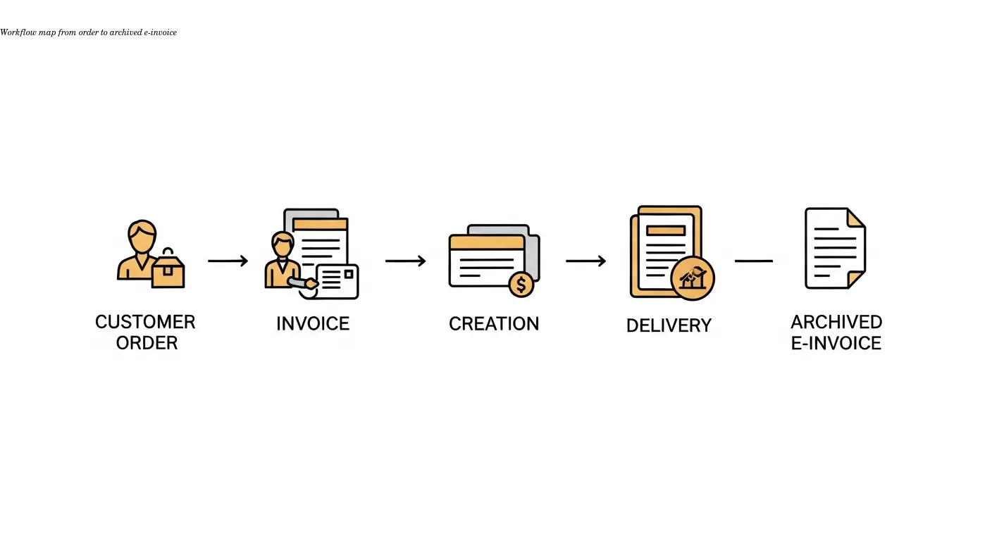 Workflow map from order to archived e-invoice
