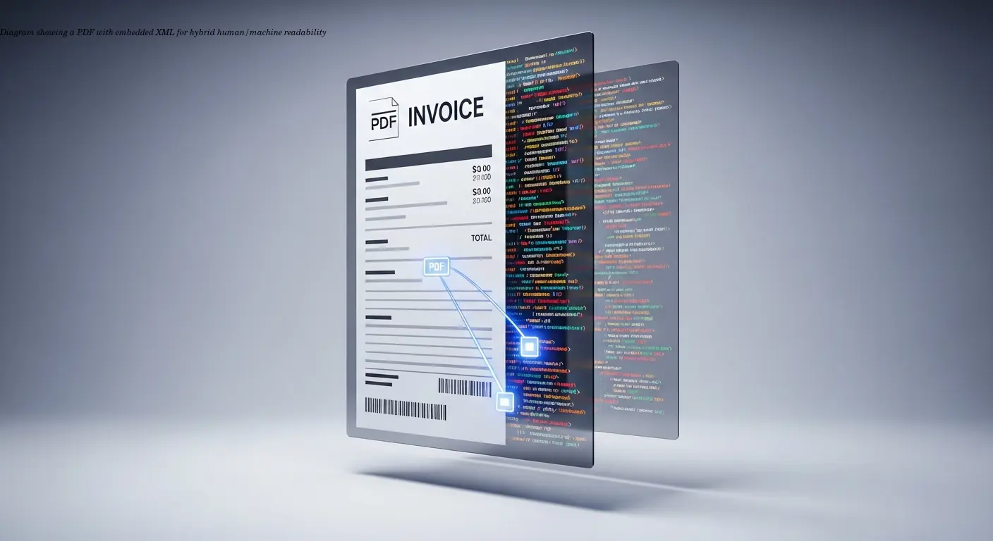 Diagram showing a PDF with embedded XML for hybrid human/machine readability