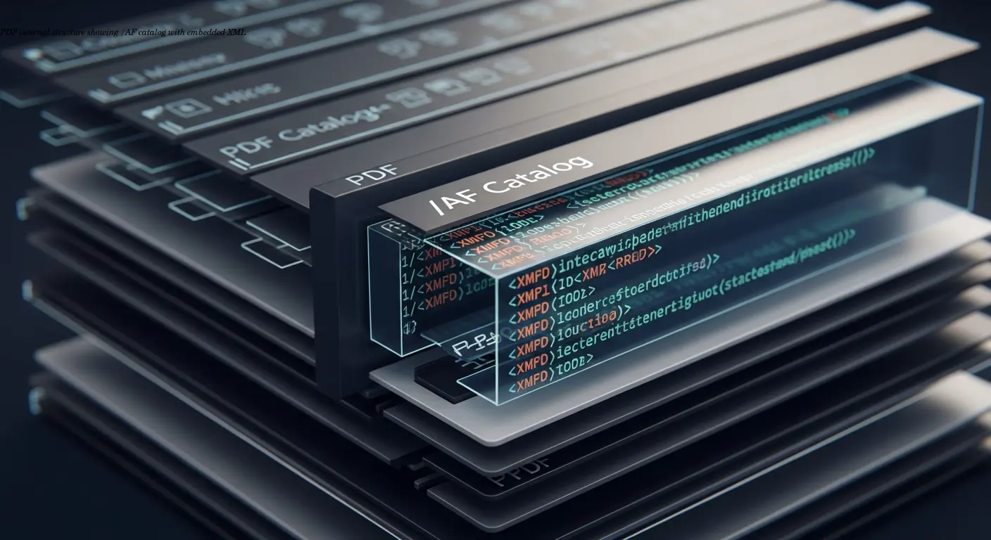 PDF internal structure showing /AF catalog with embedded XML