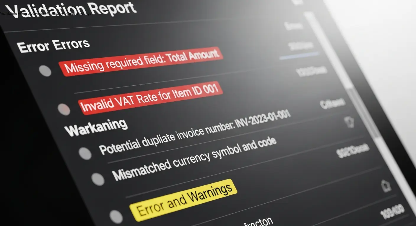 Validation report screenshot showing errors and warnings
