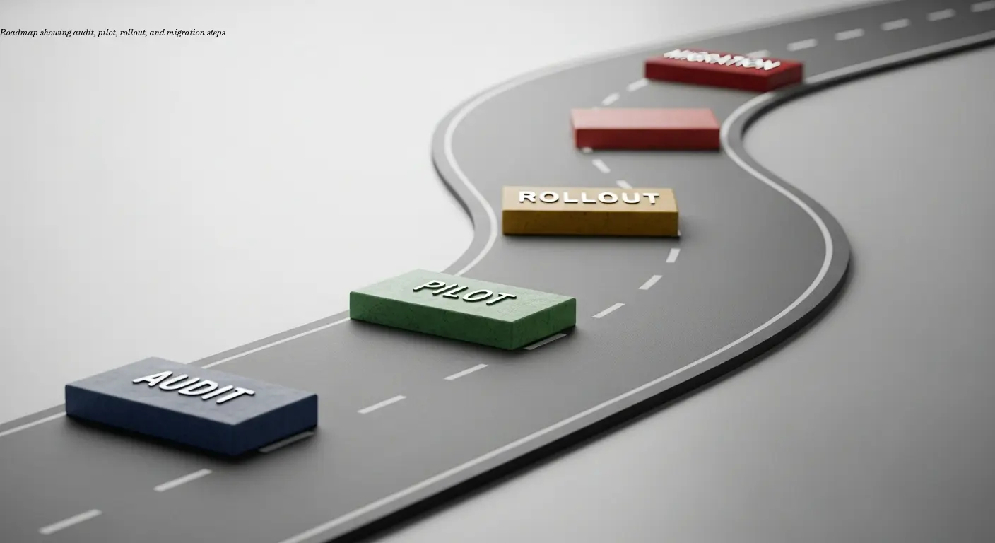Roadmap showing audit, pilot, rollout, and migration steps