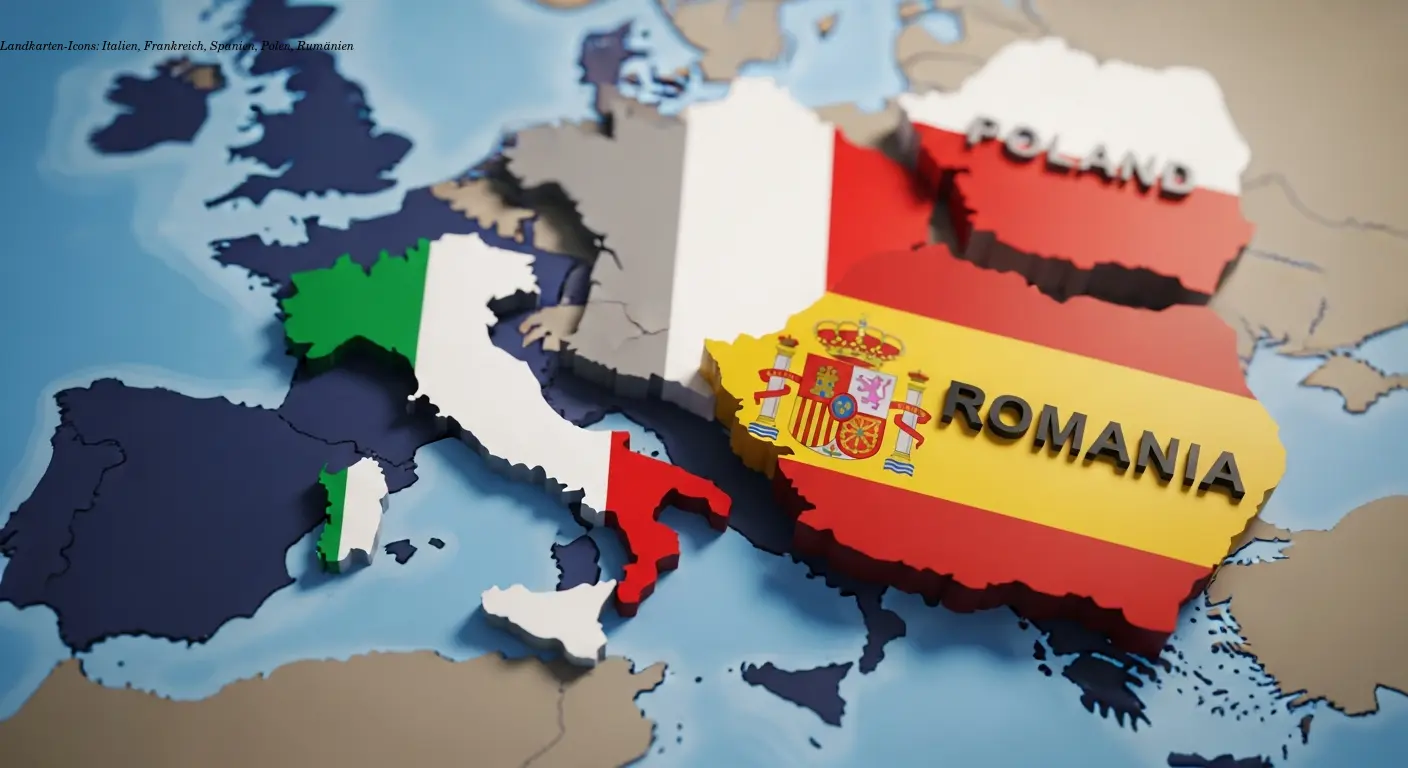 Landkarten-Icons: Italien, Frankreich, Spanien, Polen, Rumänien