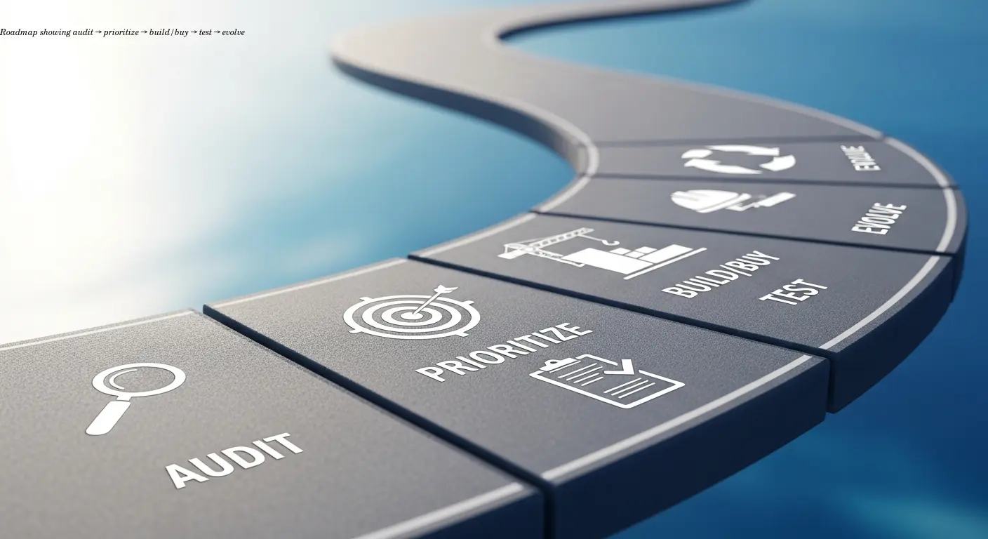 Roadmap showing audit → prioritize → build/buy → test → evolve