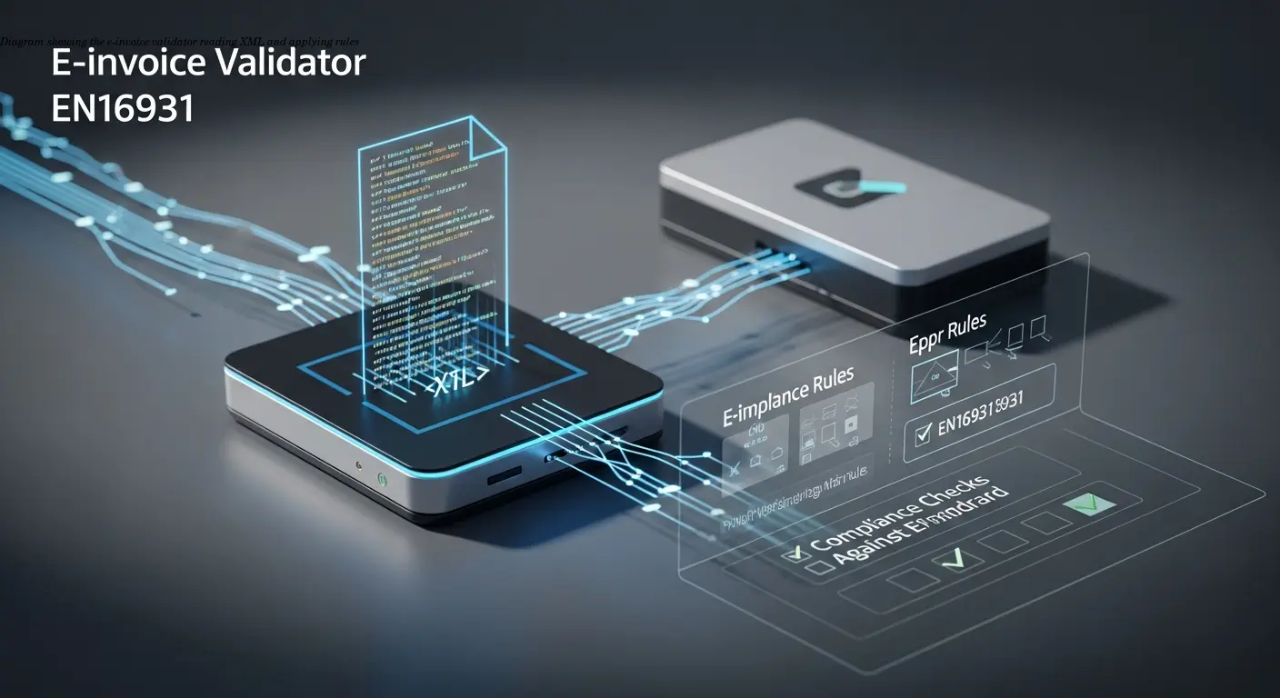 Diagram showing the e-invoice validator reading XML and applying rules
