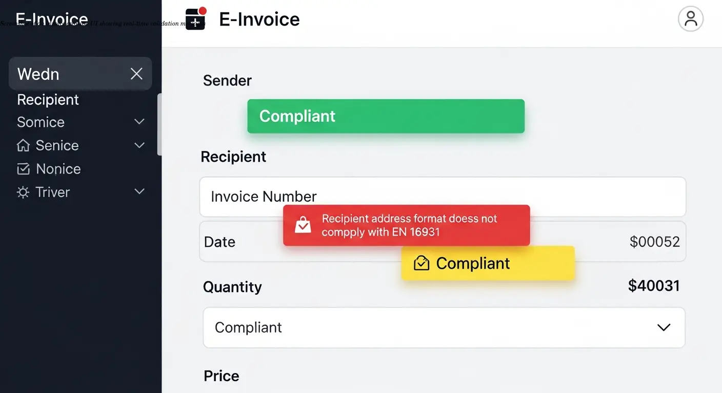 Screenshot of an invoice creation UI showing real-time validation messages