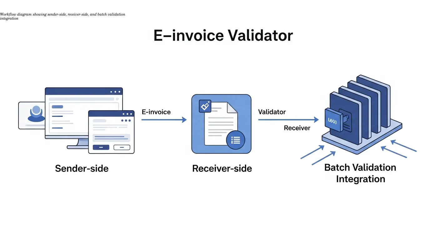 Workflow diagram showing sender-side, receiver-side, and batch validation integration