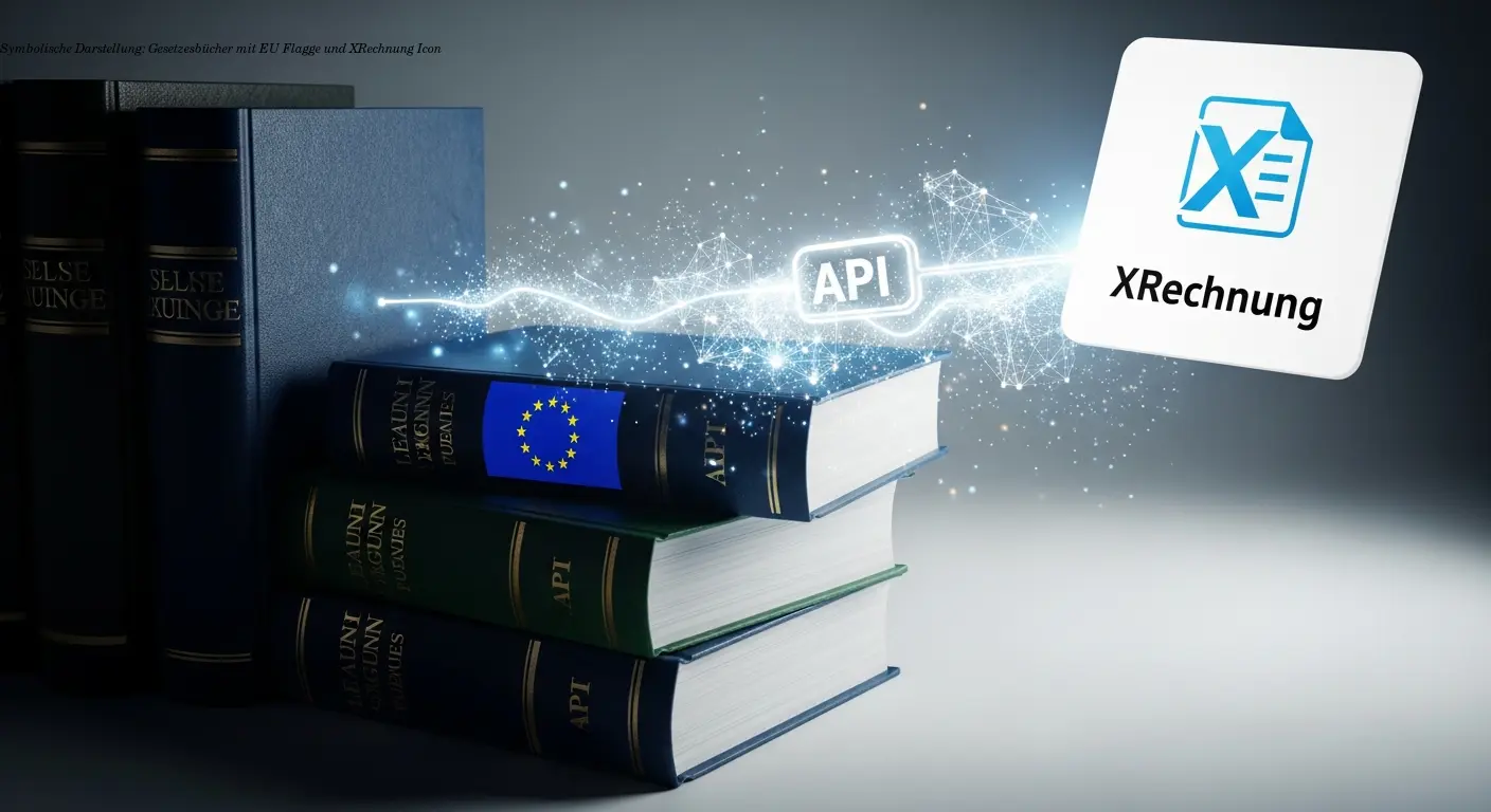 Symbolische Darstellung: Gesetzesbücher mit EU‑Flagge und XRechnung‑Icon