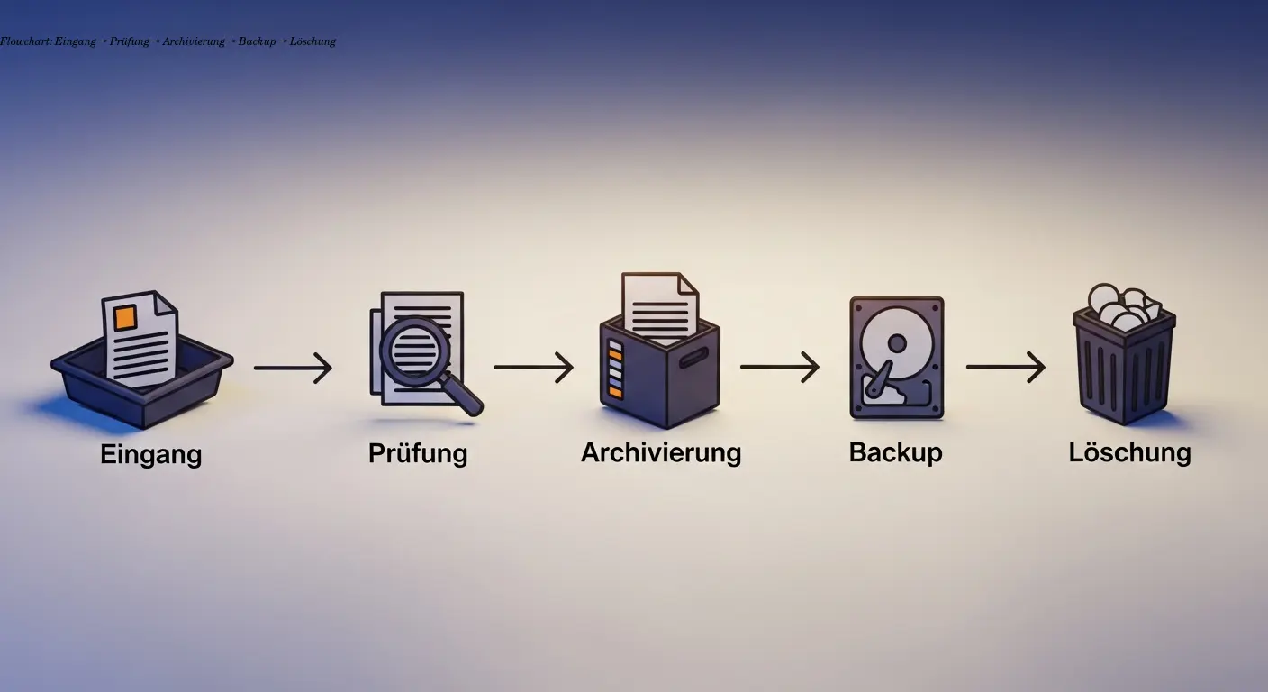 Flowchart: Eingang → Prüfung → Archivierung → Backup → Löschung
