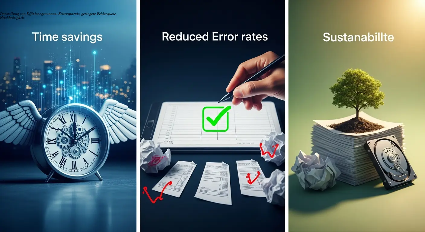 Darstellung von Effizienzgewinnen: Zeitersparnis, geringere Fehlerquote, Nachhaltigkeit