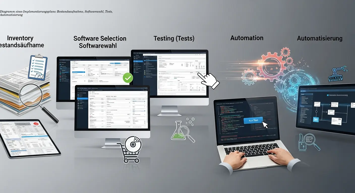 Diagramm eines Implementierungsplans: Bestandsaufnahme, Softwarewahl, Tests, Automatisierung