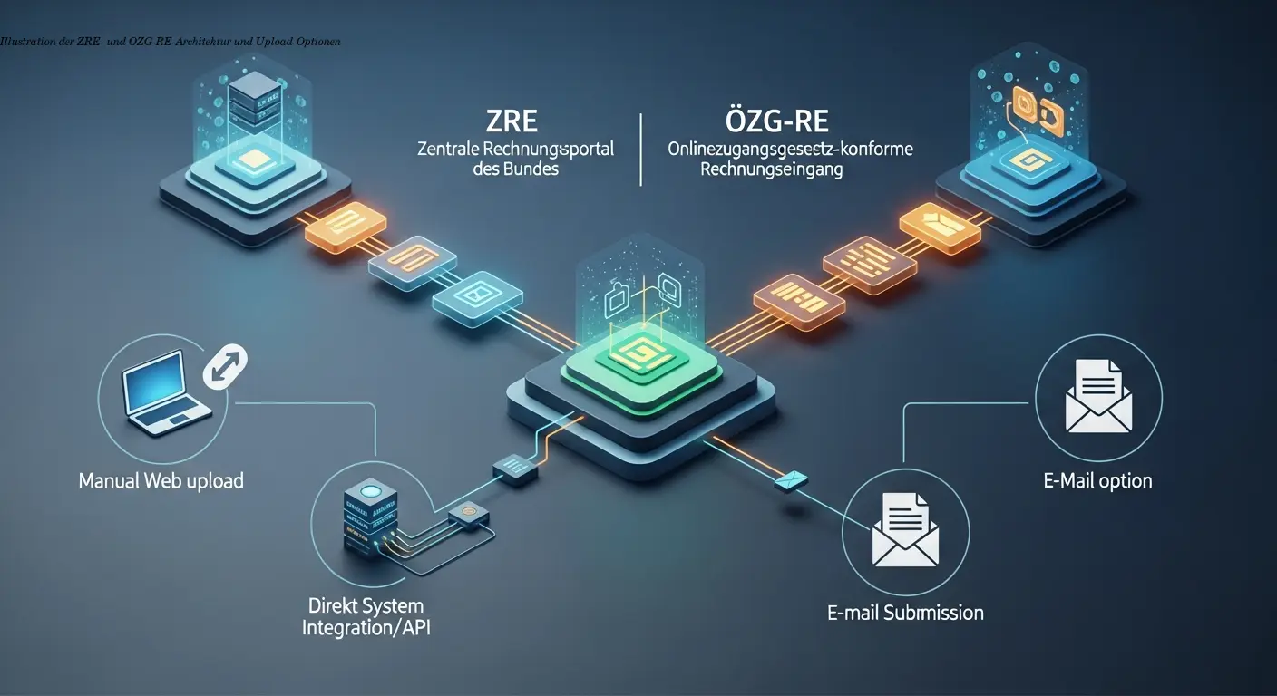 Illustration der ZRE- und OZG-RE-Architektur und Upload-Optionen