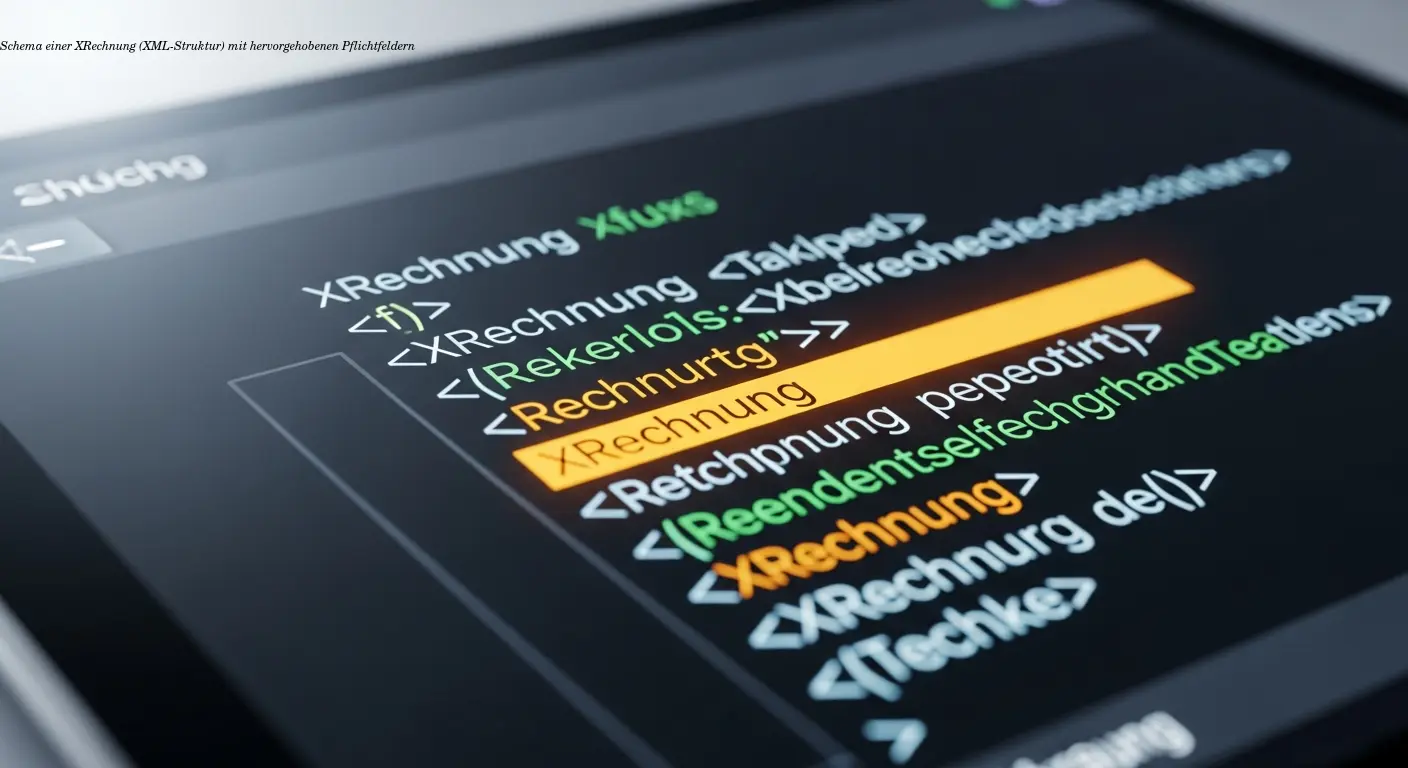 Schema einer XRechnung (XML-Struktur) mit hervorgehobenen Pflichtfeldern