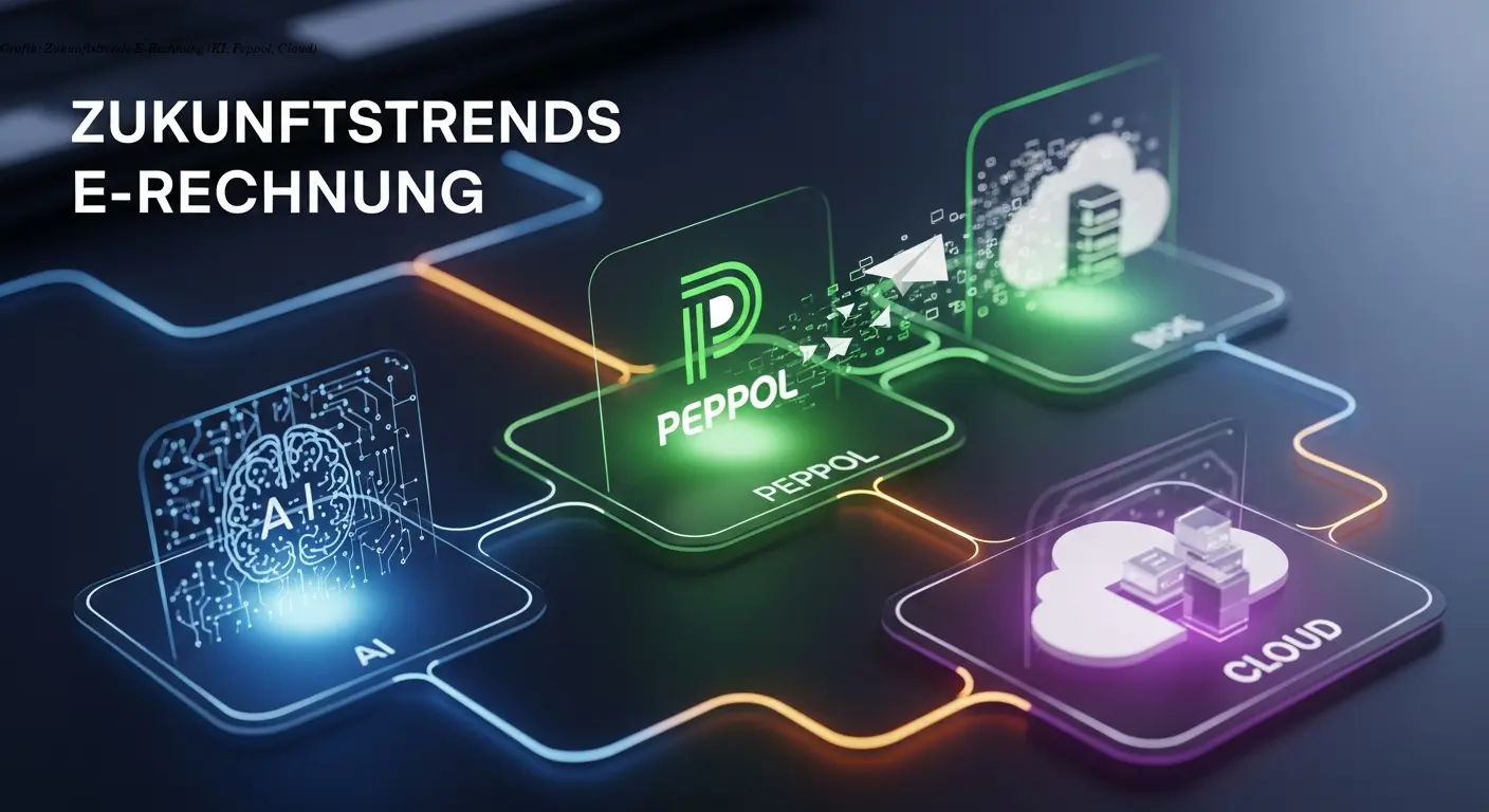 Grafik: Zukunftstrends E-Rechnung (KI, Peppol, Cloud)