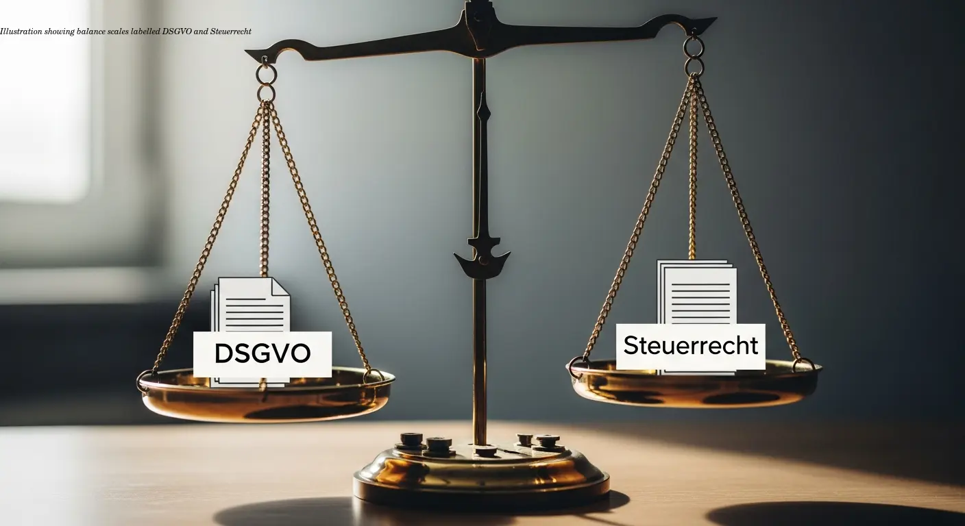 Illustration showing balance scales labelled DSGVO and Steuerrecht