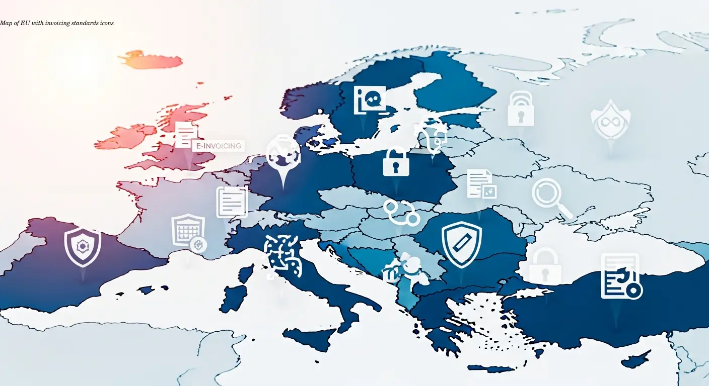 Map of EU with invoicing standards icons