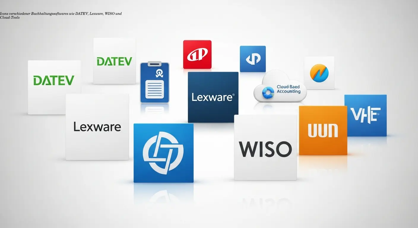 Icons verschiedener Buchhaltungssoftwares wie DATEV, Lexware, WISO und Cloud-Tools