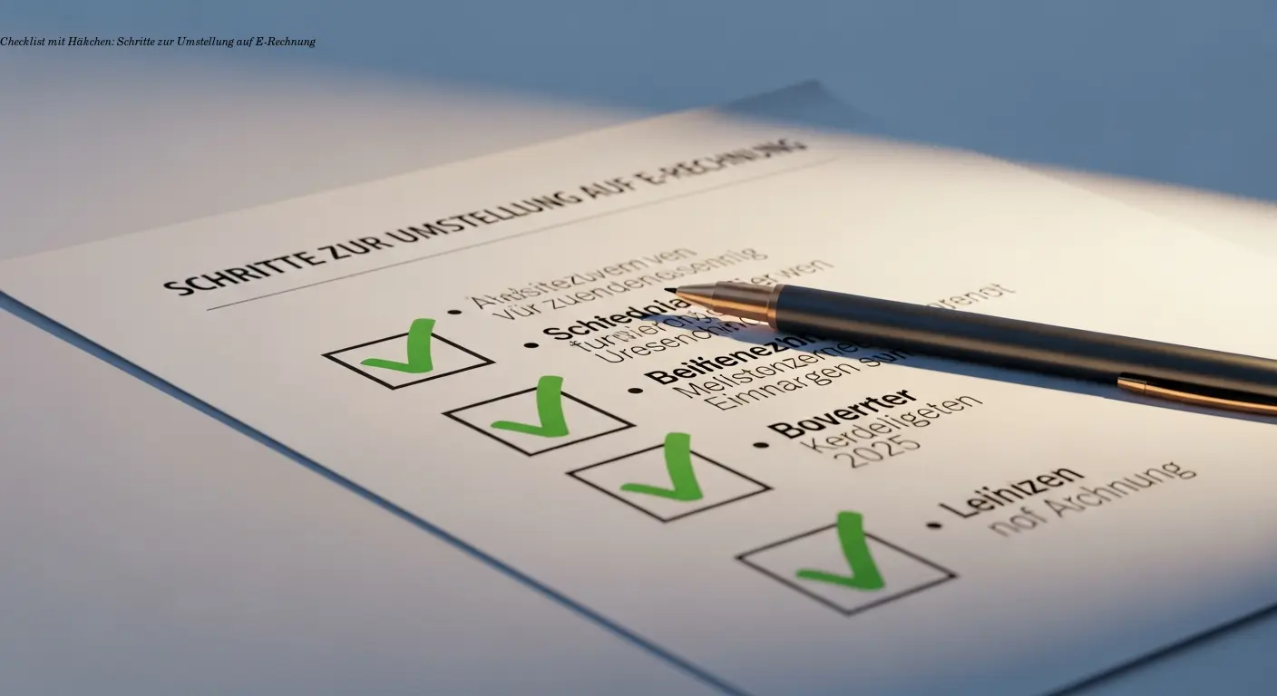 Checklist mit Häkchen: Schritte zur Umstellung auf E-Rechnung