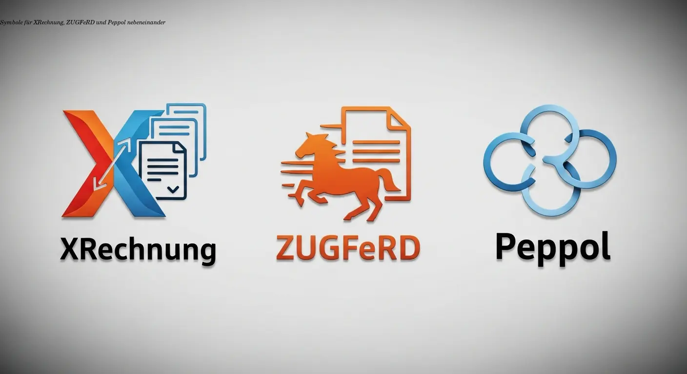 Symbole für XRechnung, ZUGFeRD und Peppol nebeneinander