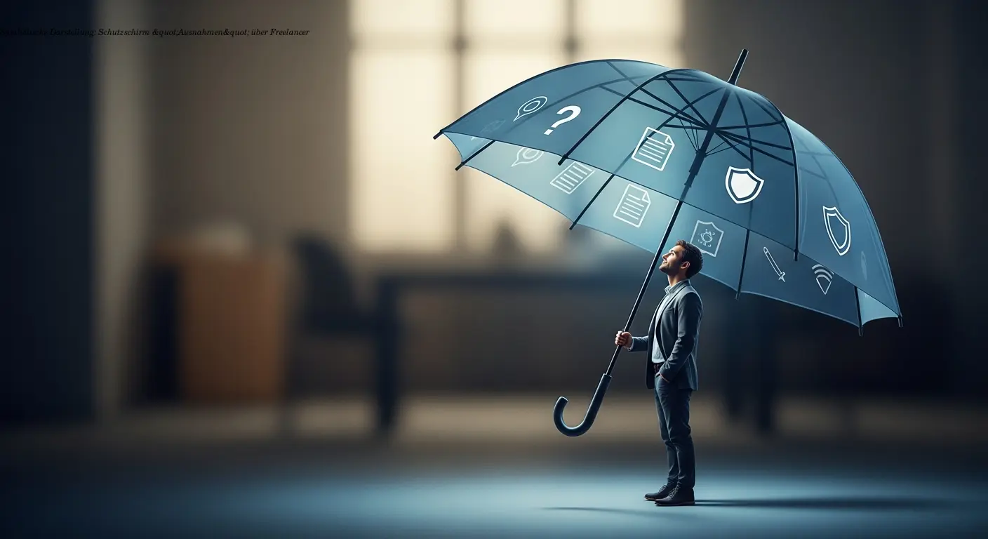 Symbolische Darstellung: Schutzschirm "Ausnahmen" über Freelancer