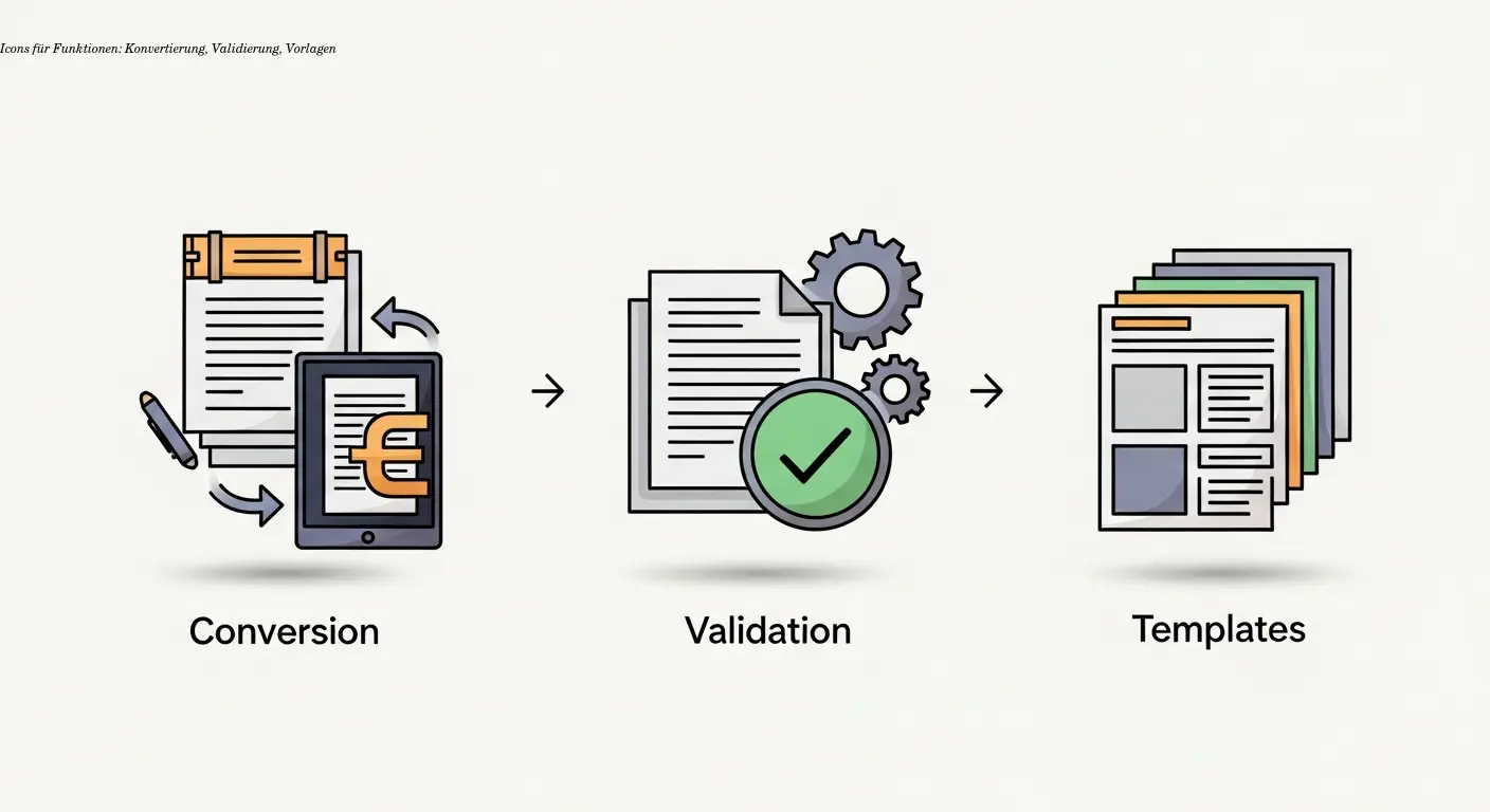 Icons für Funktionen: Konvertierung, Validierung, Vorlagen