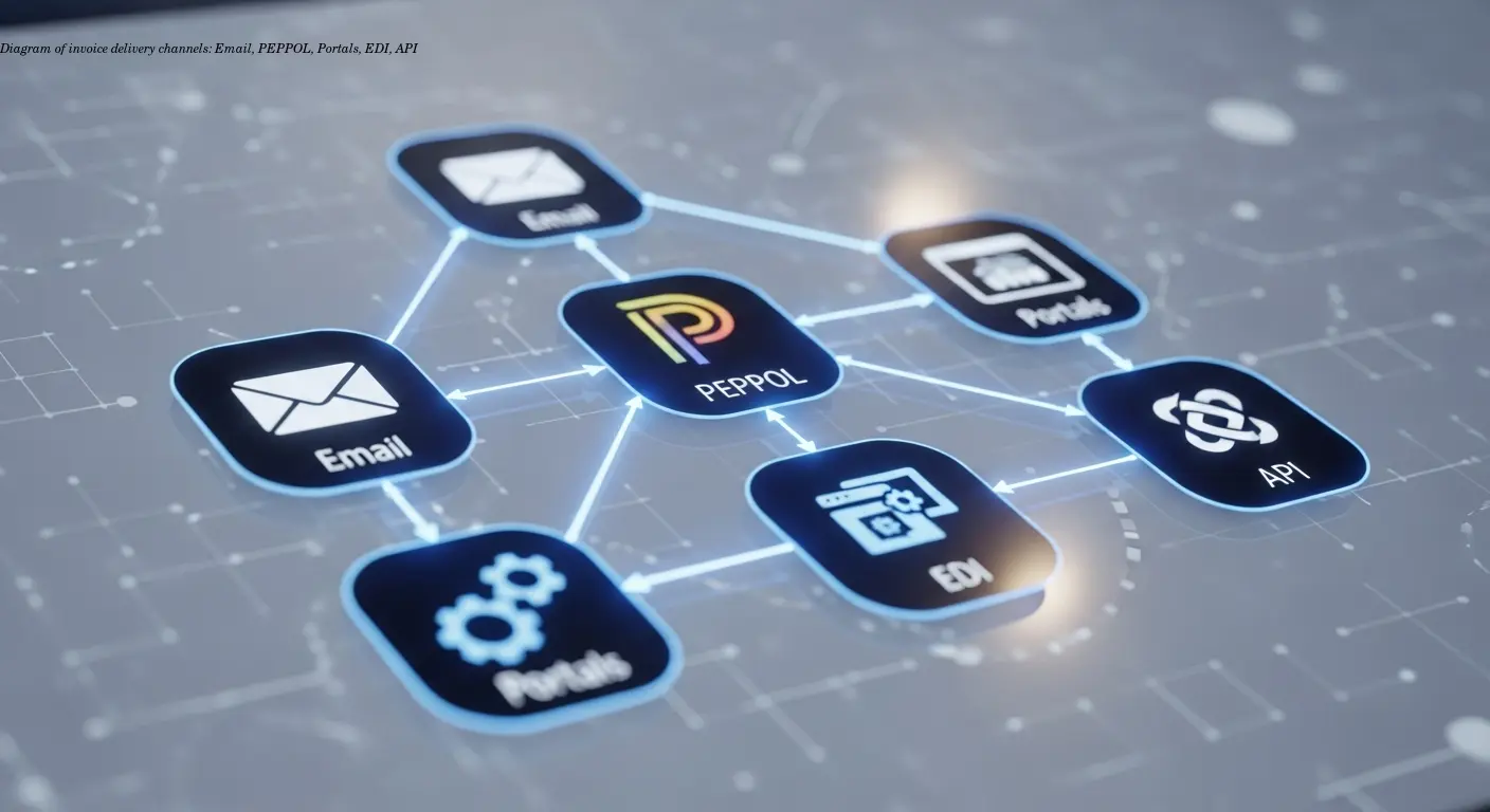 Diagram of invoice delivery channels: Email, PEPPOL, Portals, EDI, API