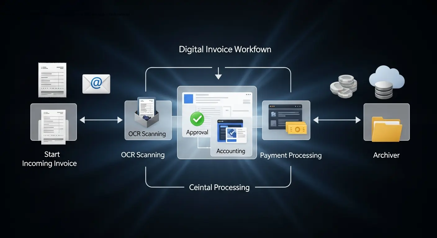 Diagramm eines digitalen Rechnungsworkflows von Eingang bis Archivierung