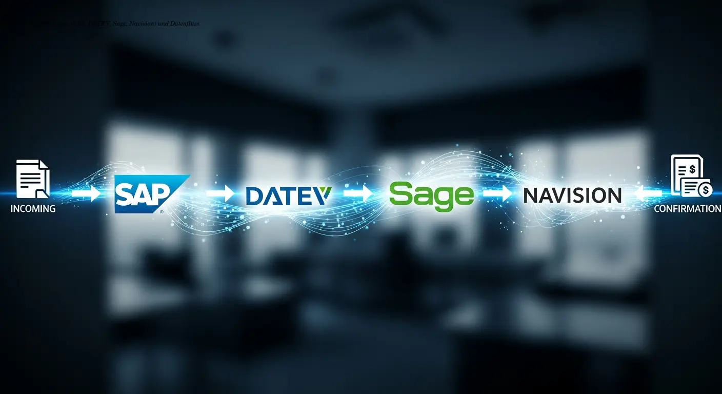 Iconreihe mit ERP-Logos (SAP, DATEV, Sage, Navision) und Datenfluss