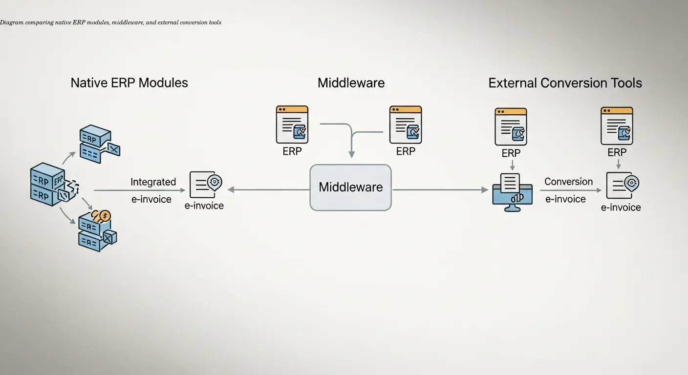 Diagram comparing native ERP modules, middleware, and external conversion tools
