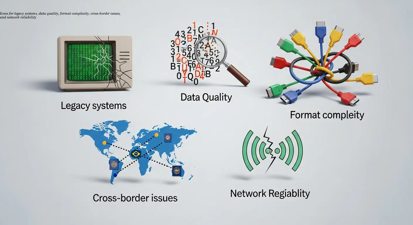Icons for legacy systems, data quality, format complexity, cross-border issues, and network reliability