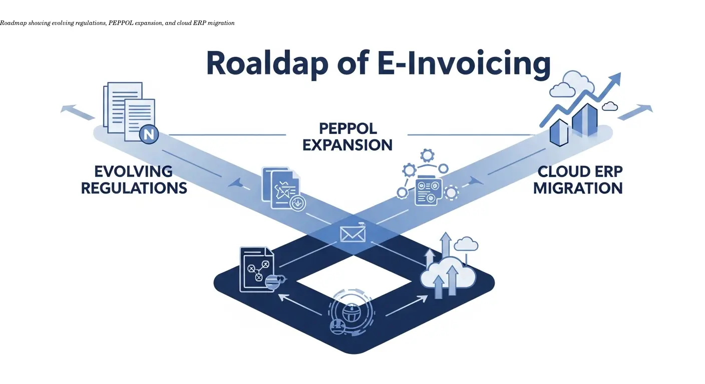 Roadmap showing evolving regulations, PEPPOL expansion, and cloud ERP migration