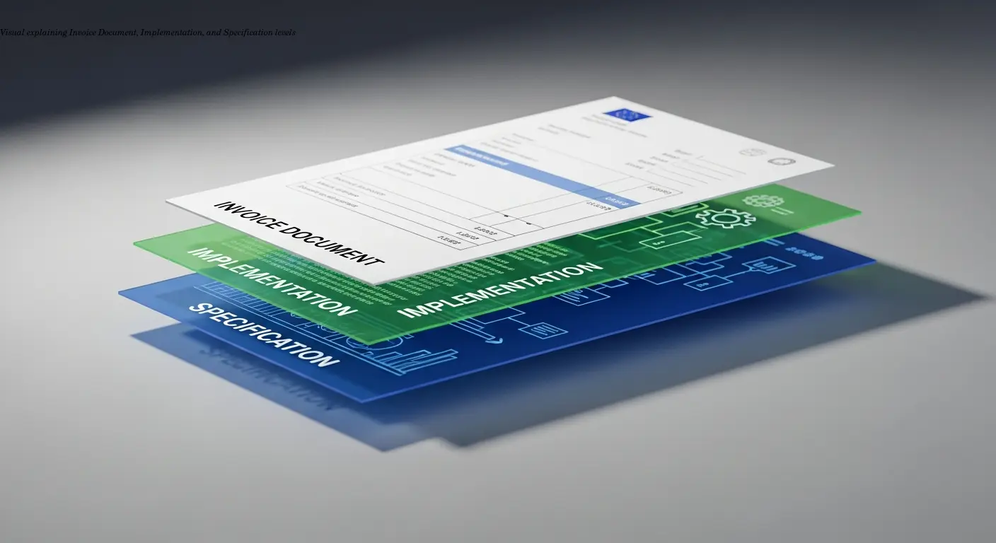 Visual explaining Invoice Document, Implementation, and Specification levels