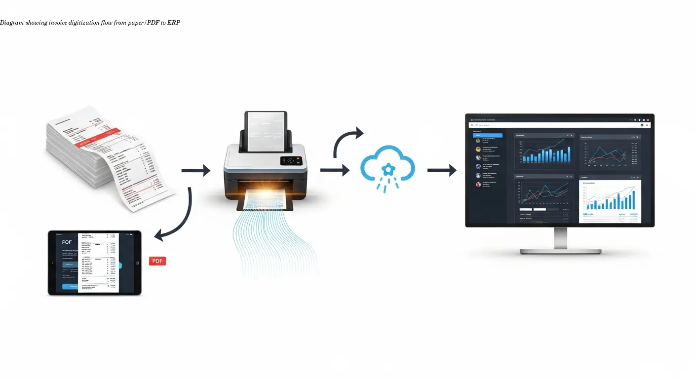 Diagram showing invoice digitization flow from paper/PDF to ERP