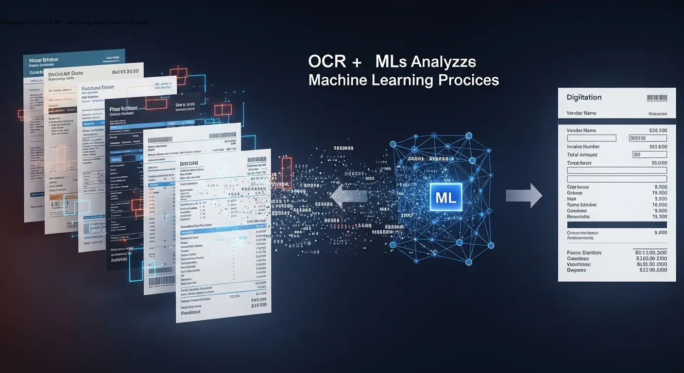 Schematic of OCR + ML analyzing varied invoice layouts