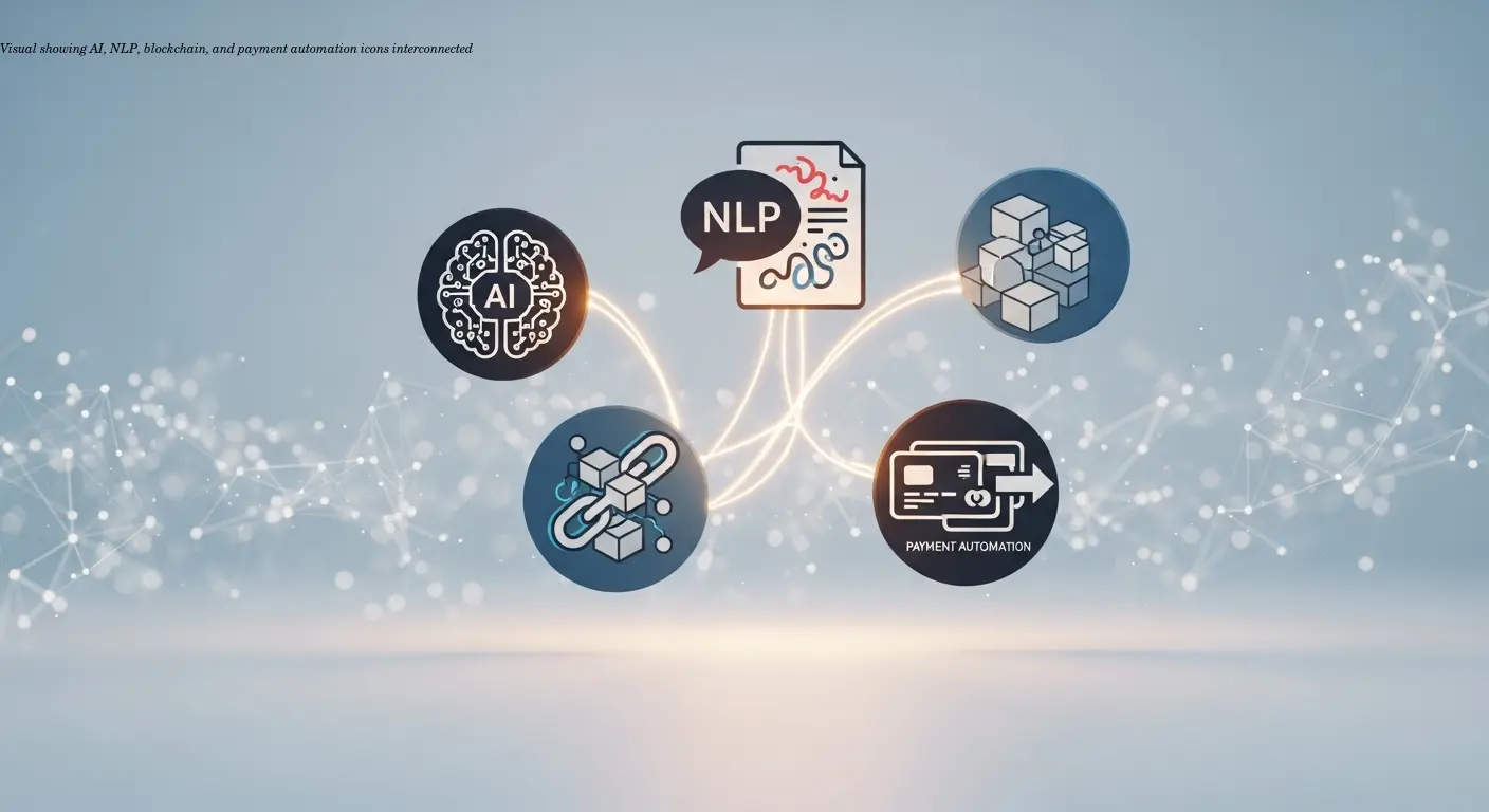 Visual showing AI, NLP, blockchain, and payment automation icons interconnected