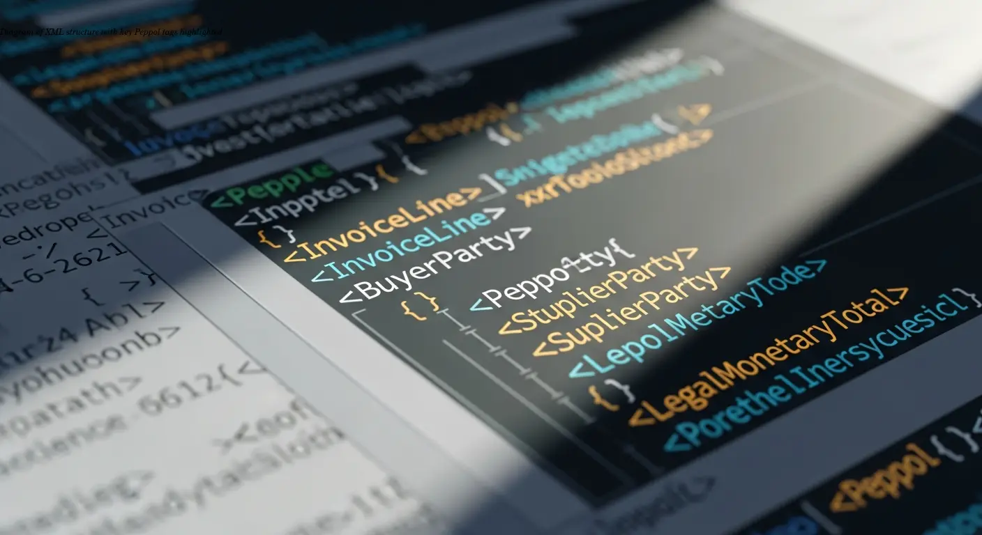 Diagram of XML structure with key Peppol tags highlighted