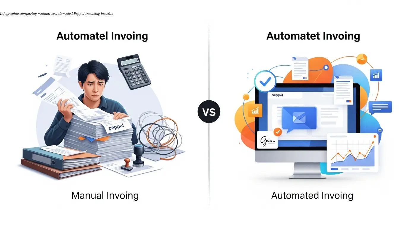 Infographic comparing manual vs automated Peppol invoicing benefits