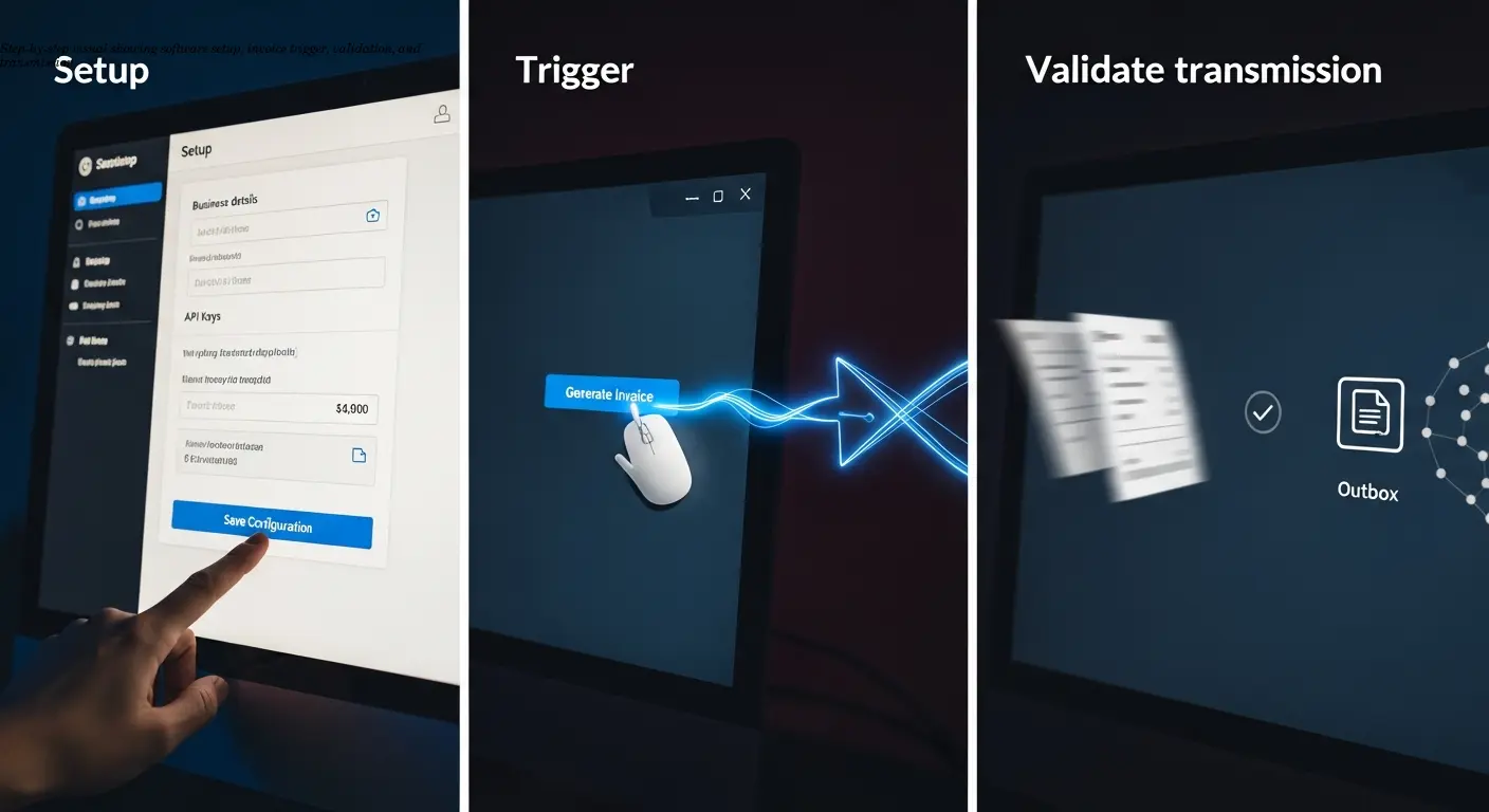 Step-by-step visual showing software setup, invoice trigger, validation, and transmission