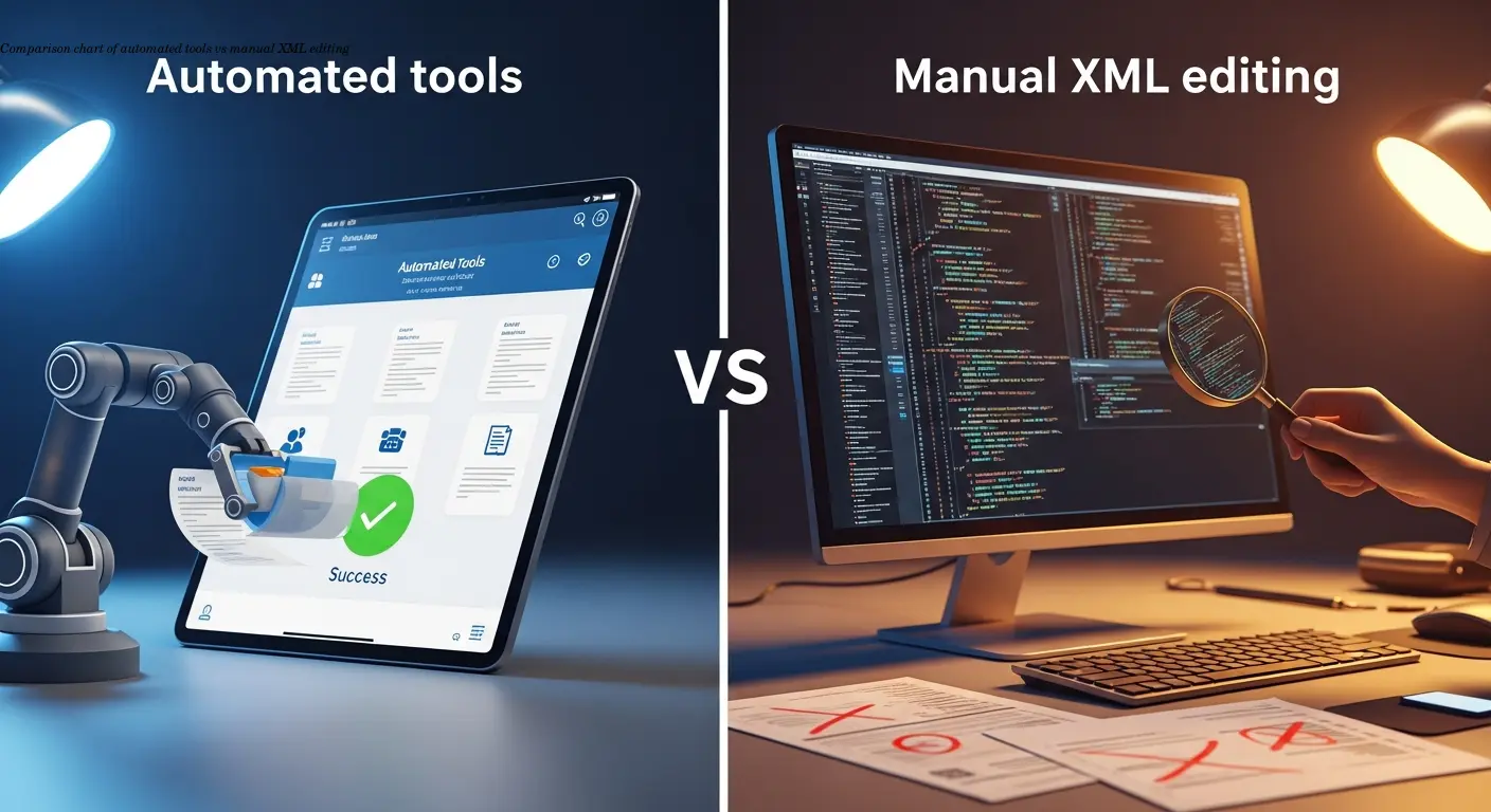 Comparison chart of automated tools vs manual XML editing
