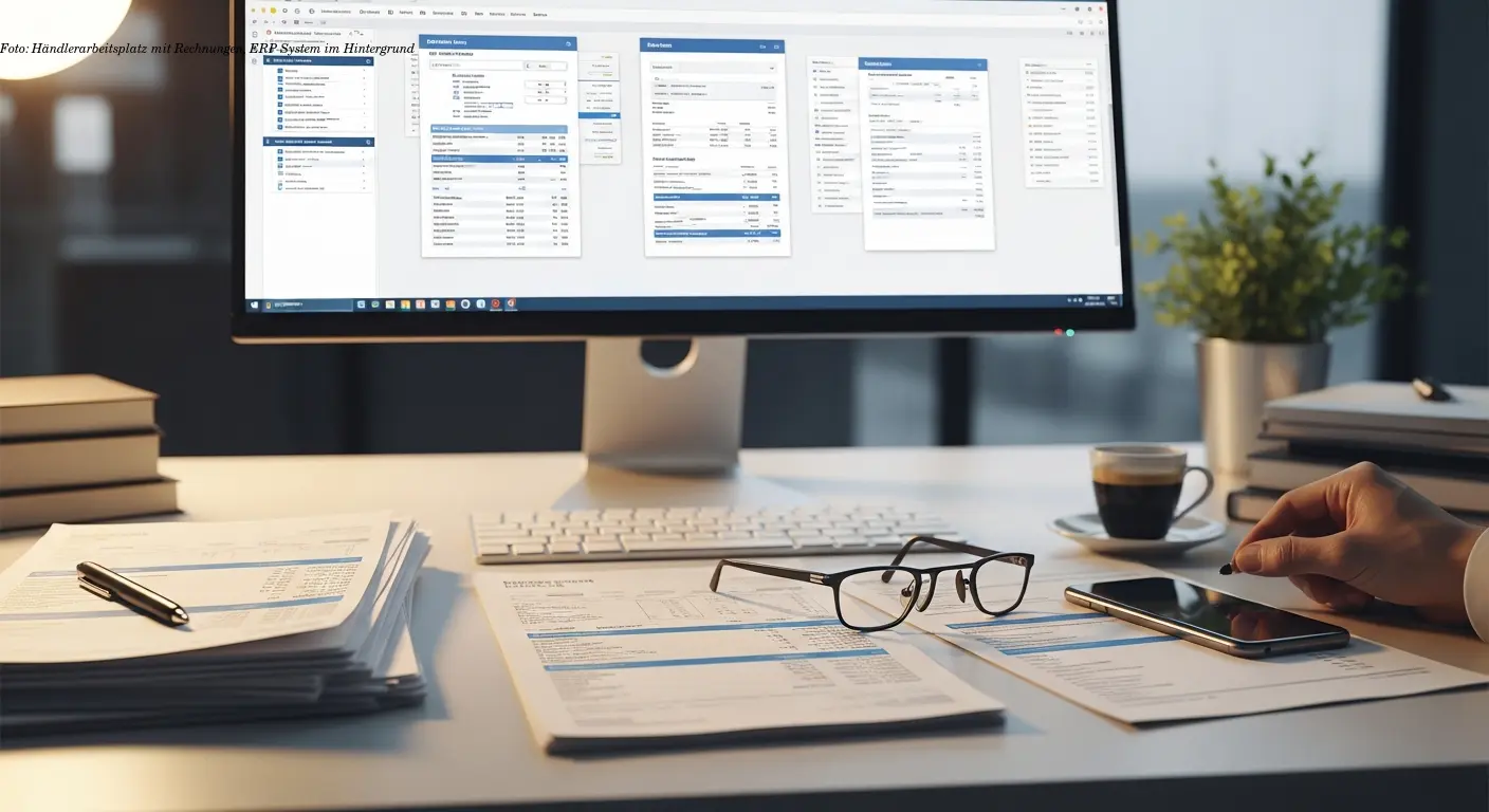 Foto: Händlerarbeitsplatz mit Rechnungen, ERP‑System im Hintergrund