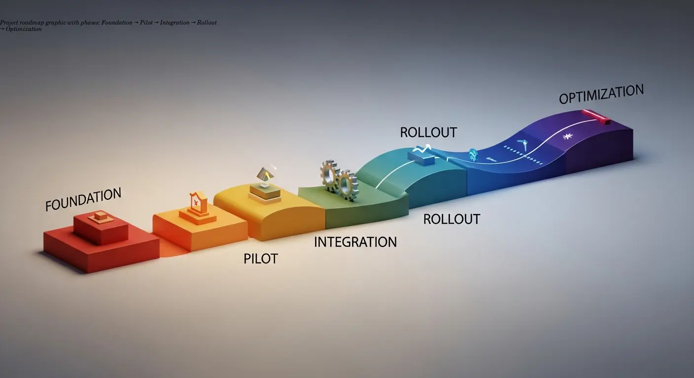 Project roadmap graphic with phases: Foundation → Pilot → Integration → Rollout → Optimization
