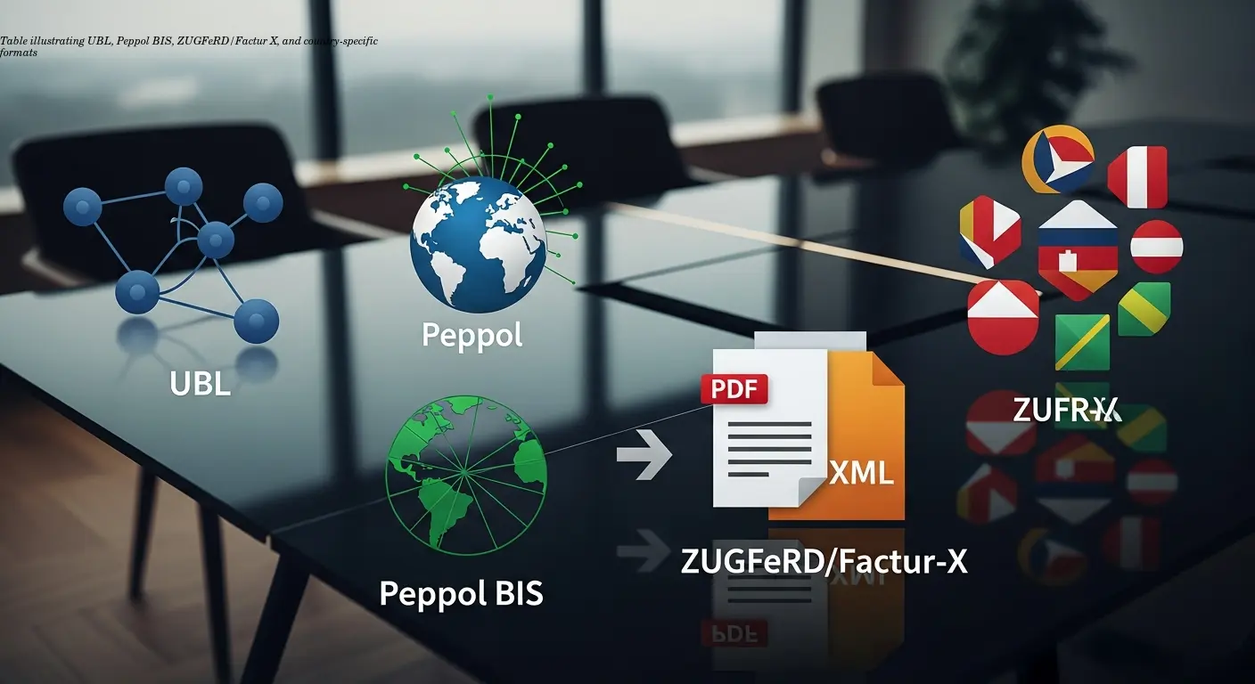 Table illustrating UBL, Peppol BIS, ZUGFeRD/Factur‑X, and country-specific formats