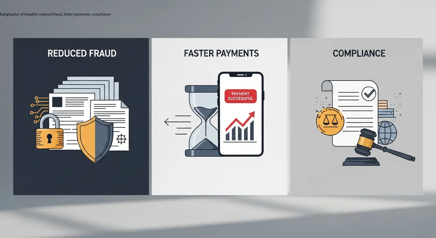 Infographic of benefits: reduced fraud, faster payments, compliance