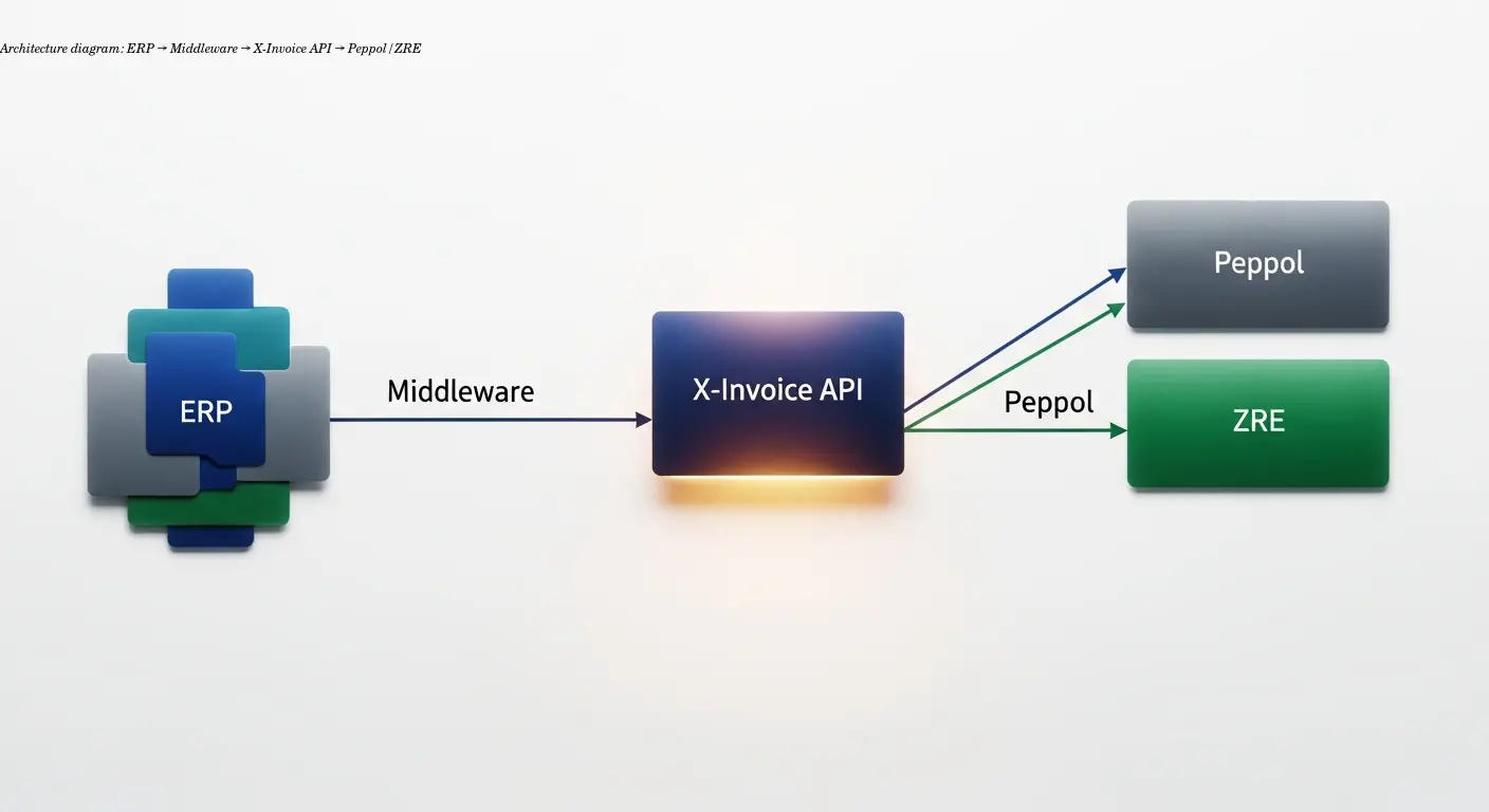 Architecture diagram: ERP → Middleware → X-Invoice API → Peppol/ZRE